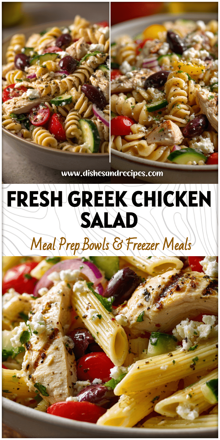 Colorful bowl of Greek Chicken Pasta Salad with olives, feta, and fresh veggies for a Mediterranean dinner.